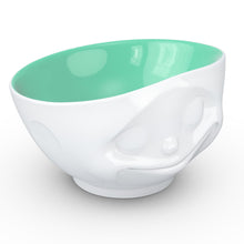 Load image into Gallery viewer, 16 ounce capacity porcelain bowl in white with jade color on the inside featuring a sculpted ‘happy’ facial expression. From the TASSEN product family of fun dishware by FIFTYEIGHT Products. Quality bowl perfect for serving cereal, soup, snacks and much more.
