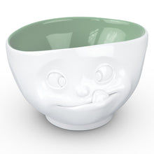 Load image into Gallery viewer, 16 ounce capacity porcelain bowl in white with pine color inside featuring a sculpted ‘tasty’ facial expression. From the TASSEN product family of fun dishware by FIFTYEIGHT Products. Quality bowl perfect for serving cereal, soup, snacks and much more.
