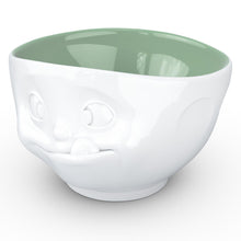 Load image into Gallery viewer, 16 ounce capacity porcelain bowl in white with pine color inside featuring a sculpted ‘tasty’ facial expression. From the TASSEN product family of fun dishware by FIFTYEIGHT Products. Quality bowl perfect for serving cereal, soup, snacks and much more.
