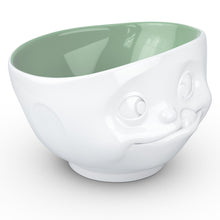 Load image into Gallery viewer, 16 ounce capacity porcelain bowl in white with pine color inside featuring a sculpted ‘tasty’ facial expression. From the TASSEN product family of fun dishware by FIFTYEIGHT Products. Quality bowl perfect for serving cereal, soup, snacks and much more.
