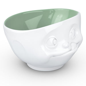 16 ounce capacity porcelain bowl in white with pine color inside featuring a sculpted ‘tasty’ facial expression. From the TASSEN product family of fun dishware by FIFTYEIGHT Products. Quality bowl perfect for serving cereal, soup, snacks and much more.