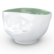 Load image into Gallery viewer, 16 ounce capacity porcelain bowl in white with pine color inside featuring a sculpted ‘tasty’ facial expression. From the TASSEN product family of fun dishware by FIFTYEIGHT Products. Quality bowl perfect for serving cereal, soup, snacks and much more.
