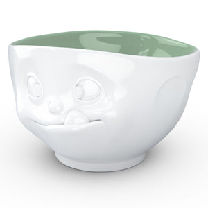 16 ounce capacity porcelain bowl in white with pine color inside featuring a sculpted ‘tasty’ facial expression. From the TASSEN product family of fun dishware by FIFTYEIGHT Products. Quality bowl perfect for serving cereal, soup, snacks and much more.