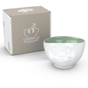 16 ounce capacity porcelain bowl in white with pine color inside featuring a sculpted ‘tasty’ facial expression. From the TASSEN product family of fun dishware by FIFTYEIGHT Products. Quality bowl perfect for serving cereal, soup, snacks and much more.