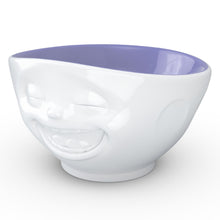 Load image into Gallery viewer, 16 ounce capacity porcelain bowl in white with Lavender Color Inside featuring a sculpted ‘laughing’ facial expression. From the TASSEN product family of fun dishware by FIFTYEIGHT Products. Quality bowl perfect for serving cereal, soup, snacks and much more.
