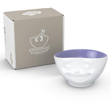 Load image into Gallery viewer, 16 ounce capacity porcelain bowl in white with Lavender Color Inside featuring a sculpted ‘laughing’ facial expression. From the TASSEN product family of fun dishware by FIFTYEIGHT Products. Quality bowl perfect for serving cereal, soup, snacks and much more.
