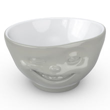 Load image into Gallery viewer, Premium porcelain bowl in grey color from the TASSEN product family of fun dishware by FIFTYEIGHT Products. Offers 16 oz capacity perfect for serving cereal, soup, snacks and much more. Dishwasher and microwave safe bowl featuring a sculpted ‘winking’ facial expression. Shipped in exclusively designed gift box.
