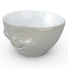 Load image into Gallery viewer, Premium porcelain bowl in grey color from the TASSEN product family of fun dishware by FIFTYEIGHT Products. Offers 16 oz capacity perfect for serving cereal, soup, snacks and much more. Dishwasher and microwave safe bowl featuring a sculpted ‘winking’ facial expression. Shipped in exclusively designed gift box.
