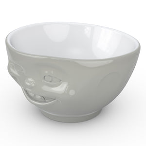 Premium porcelain bowl in grey color from the TASSEN product family of fun dishware by FIFTYEIGHT Products. Offers 16 oz capacity perfect for serving cereal, soup, snacks and much more. Dishwasher and microwave safe bowl featuring a sculpted ‘winking’ facial expression. Shipped in exclusively designed gift box.