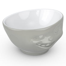 Load image into Gallery viewer, Premium porcelain bowl in grey color from the TASSEN product family of fun dishware by FIFTYEIGHT Products. Offers 16 oz capacity perfect for serving cereal, soup, snacks and much more. Dishwasher and microwave safe bowl featuring a sculpted ‘winking’ facial expression. Shipped in exclusively designed gift box.
