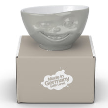 Load image into Gallery viewer, Premium porcelain bowl in grey color from the TASSEN product family of fun dishware by FIFTYEIGHT Products. Offers 16 oz capacity perfect for serving cereal, soup, snacks and much more. Dishwasher and microwave safe bowl featuring a sculpted ‘winking’ facial expression. Shipped in exclusively designed gift box.
