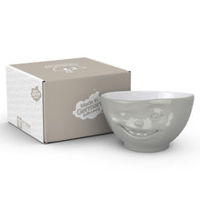 Load image into Gallery viewer, Premium porcelain bowl in grey color from the TASSEN product family of fun dishware by FIFTYEIGHT Products. Offers 16 oz capacity perfect for serving cereal, soup, snacks and much more. Dishwasher and microwave safe bowl featuring a sculpted ‘winking’ facial expression. Shipped in exclusively designed gift box.
