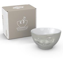 Load image into Gallery viewer, Premium porcelain bowl in grey color from the TASSEN product family of fun dishware by FIFTYEIGHT Products. Offers 16 oz capacity perfect for serving cereal, soup, snacks and much more. Dishwasher and microwave safe bowl featuring a sculpted ‘winking’ facial expression. Shipped in exclusively designed gift box.
