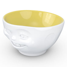 Load image into Gallery viewer, Premium porcelain bowl in white with Saffron Color Inside from the TASSEN product family of fun dishware by FIFTYEIGHT Products. Offers 16 oz capacity perfect for serving cereal, soup, snacks and much more. Dishwasher and microwave safe bowl featuring a sculpted ‘winking’ facial expression. Shipped in exclusively designed gift box.
