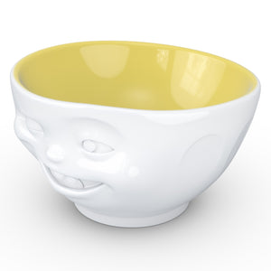 Premium porcelain bowl in white with Saffron Color Inside from the TASSEN product family of fun dishware by FIFTYEIGHT Products. Offers 16 oz capacity perfect for serving cereal, soup, snacks and much more. Dishwasher and microwave safe bowl featuring a sculpted ‘winking’ facial expression. Shipped in exclusively designed gift box.