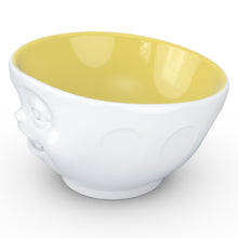 Load image into Gallery viewer, Premium porcelain bowl in white with Saffron Color Inside from the TASSEN product family of fun dishware by FIFTYEIGHT Products. Offers 16 oz capacity perfect for serving cereal, soup, snacks and much more. Dishwasher and microwave safe bowl featuring a sculpted ‘winking’ facial expression. Shipped in exclusively designed gift box.
