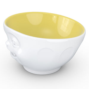 Premium porcelain bowl in white with Saffron Color Inside from the TASSEN product family of fun dishware by FIFTYEIGHT Products. Offers 16 oz capacity perfect for serving cereal, soup, snacks and much more. Dishwasher and microwave safe bowl featuring a sculpted ‘winking’ facial expression. Shipped in exclusively designed gift box.