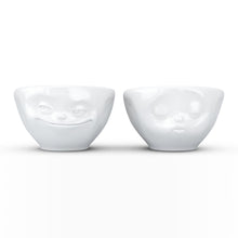 Load image into Gallery viewer, Set of two 3.3 oz. bowls in white featuring sculpted &#39;grinning&#39; and &#39;kissing&#39; faces. From the TASSEN product family of fun dishware by FIFTYEIGHT Products. Quality bowl perfect for serving dips, sauces, nuts, sugar, spices, espresso, jam, marmalade, honey, and more.
