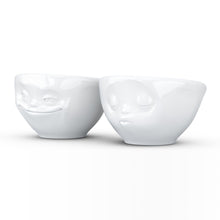 Load image into Gallery viewer, Set of two 3.3 oz. bowls in white featuring sculpted &#39;grinning&#39; and &#39;kissing&#39; faces. From the TASSEN product family of fun dishware by FIFTYEIGHT Products. Quality bowl perfect for serving dips, sauces, nuts, sugar, spices, espresso, jam, marmalade, honey, and more.
