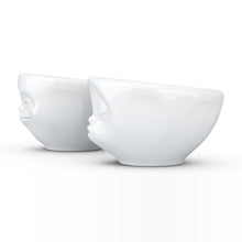 Load image into Gallery viewer, Set of two 3.3 oz. bowls in white featuring sculpted &#39;grinning&#39; and &#39;kissing&#39; faces. From the TASSEN product family of fun dishware by FIFTYEIGHT Products. Quality bowl perfect for serving dips, sauces, nuts, sugar, spices, espresso, jam, marmalade, honey, and more.
