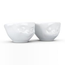 Load image into Gallery viewer, Set of two 3.3 oz. bowls in white featuring sculpted &#39;grinning&#39; and &#39;kissing&#39; faces. From the TASSEN product family of fun dishware by FIFTYEIGHT Products. Quality bowl perfect for serving dips, sauces, nuts, sugar, spices, espresso, jam, marmalade, honey, and more.
