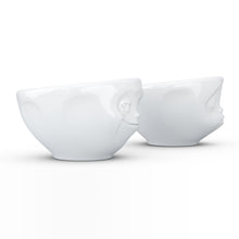 Load image into Gallery viewer, Set of two 3.3 oz. bowls in white featuring sculpted &#39;grinning&#39; and &#39;kissing&#39; faces. From the TASSEN product family of fun dishware by FIFTYEIGHT Products. Quality bowl perfect for serving dips, sauces, nuts, sugar, spices, espresso, jam, marmalade, honey, and more.
