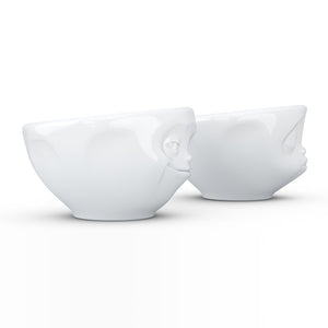Set of two 3.3 oz. bowls in white featuring sculpted 'grinning' and 'kissing' faces. From the TASSEN product family of fun dishware by FIFTYEIGHT Products. Quality bowl perfect for serving dips, sauces, nuts, sugar, spices, espresso, jam, marmalade, honey, and more.