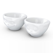 Load image into Gallery viewer, Set of two 3.3 oz. bowls in white featuring sculpted &#39;grinning&#39; and &#39;kissing&#39; faces. From the TASSEN product family of fun dishware by FIFTYEIGHT Products. Quality bowl perfect for serving dips, sauces, nuts, sugar, spices, espresso, jam, marmalade, honey, and more.
