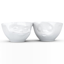 Load image into Gallery viewer, Set of two 6.5 oz. bowls in white featuring a sculpted ‘grinning’ and &#39;kissing&#39; faces. From the TASSEN product family of fun dishware by FIFTYEIGHT Products. Quality bowl perfect for serving snacks, nuts, chips, dips, sauces, and a few scoops of ice cream.
