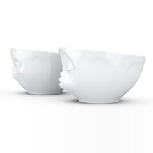 Load image into Gallery viewer, Set of two 6.5 oz. bowls in white featuring a sculpted ‘grinning’ and &#39;kissing&#39; faces. From the TASSEN product family of fun dishware by FIFTYEIGHT Products. Quality bowl perfect for serving snacks, nuts, chips, dips, sauces, and a few scoops of ice cream.
