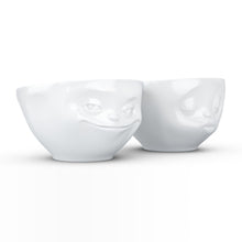 Load image into Gallery viewer, Set of two 6.5 oz. bowls in white featuring a sculpted ‘grinning’ and &#39;kissing&#39; faces. From the TASSEN product family of fun dishware by FIFTYEIGHT Products. Quality bowl perfect for serving snacks, nuts, chips, dips, sauces, and a few scoops of ice cream.
