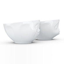 Load image into Gallery viewer, Set of two 6.5 oz. bowls in white featuring a sculpted ‘grinning’ and &#39;kissing&#39; faces. From the TASSEN product family of fun dishware by FIFTYEIGHT Products. Quality bowl perfect for serving snacks, nuts, chips, dips, sauces, and a few scoops of ice cream.
