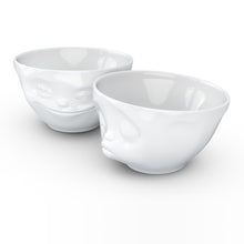 Load image into Gallery viewer, Set of two 6.5 oz. bowls in white featuring a sculpted ‘grinning’ and &#39;kissing&#39; faces. From the TASSEN product family of fun dishware by FIFTYEIGHT Products. Quality bowl perfect for serving snacks, nuts, chips, dips, sauces, and a few scoops of ice cream.
