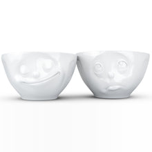 Load image into Gallery viewer, Set of two 6.5 oz. bowls in white featuring a sculpted ‘happy’ and &#39;Oh please&#39; faces. From the TASSEN product family of fun dishware by FIFTYEIGHT Products. Quality bowl perfect for serving snacks, nuts, chips, dips, sauces, and a few scoops of ice cream.
