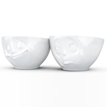 Load image into Gallery viewer, Set of two 6.5 oz. bowls in white featuring a sculpted ‘happy’ and &#39;Oh please&#39; faces. From the TASSEN product family of fun dishware by FIFTYEIGHT Products. Quality bowl perfect for serving snacks, nuts, chips, dips, sauces, and a few scoops of ice cream.
