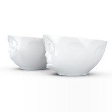 Load image into Gallery viewer, Set of two 6.5 oz. bowls in white featuring a sculpted ‘happy’ and &#39;Oh please&#39; faces. From the TASSEN product family of fun dishware by FIFTYEIGHT Products. Quality bowl perfect for serving snacks, nuts, chips, dips, sauces, and a few scoops of ice cream.
