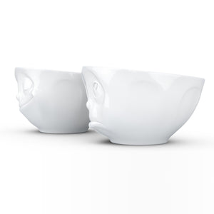 Set of two 6.5 oz. bowls in white featuring a sculpted ‘happy’ and 'Oh please' faces. From the TASSEN product family of fun dishware by FIFTYEIGHT Products. Quality bowl perfect for serving snacks, nuts, chips, dips, sauces, and a few scoops of ice cream.