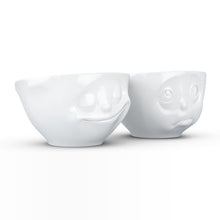 Load image into Gallery viewer, Set of two 6.5 oz. bowls in white featuring a sculpted ‘happy’ and &#39;Oh please&#39; faces. From the TASSEN product family of fun dishware by FIFTYEIGHT Products. Quality bowl perfect for serving snacks, nuts, chips, dips, sauces, and a few scoops of ice cream.
