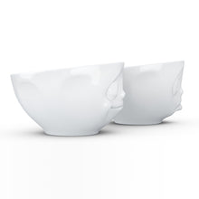 Load image into Gallery viewer, Set of two 6.5 oz. bowls in white featuring a sculpted ‘happy’ and &#39;Oh please&#39; faces. From the TASSEN product family of fun dishware by FIFTYEIGHT Products. Quality bowl perfect for serving snacks, nuts, chips, dips, sauces, and a few scoops of ice cream.
