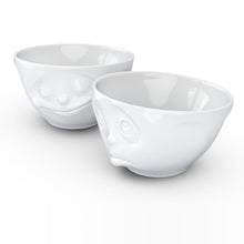 Load image into Gallery viewer, Set of two 6.5 oz. bowls in white featuring a sculpted ‘happy’ and &#39;Oh please&#39; faces. From the TASSEN product family of fun dishware by FIFTYEIGHT Products. Quality bowl perfect for serving snacks, nuts, chips, dips, sauces, and a few scoops of ice cream.
