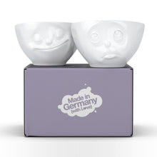 Load image into Gallery viewer, Set of two 6.5 oz. bowls in white featuring a sculpted ‘happy’ and &#39;Oh please&#39; faces. From the TASSEN product family of fun dishware by FIFTYEIGHT Products. Quality bowl perfect for serving snacks, nuts, chips, dips, sauces, and a few scoops of ice cream.
