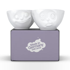 Set of two 6.5 oz. bowls in white featuring a sculpted ‘happy’ and 'Oh please' faces. From the TASSEN product family of fun dishware by FIFTYEIGHT Products. Quality bowl perfect for serving snacks, nuts, chips, dips, sauces, and a few scoops of ice cream.