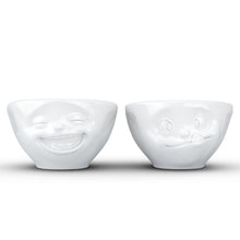 Load image into Gallery viewer, Set of two 3.3 oz. bowls in white featuring sculpted &#39;laughing&#39; and &#39;tasty&#39; faces. From the TASSEN product family of fun dishware by FIFTYEIGHT Products. Quality bowl perfect for serving dips, sauces, nuts, sugar, spices, espresso, jam, marmalade, honey, and more.

