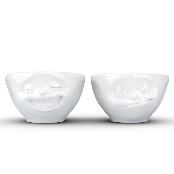 Set of two 3.3 oz. bowls in white featuring sculpted 'laughing' and 'tasty' faces. From the TASSEN product family of fun dishware by FIFTYEIGHT Products. Quality bowl perfect for serving dips, sauces, nuts, sugar, spices, espresso, jam, marmalade, honey, and more.