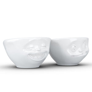 Set of two 3.3 oz. bowls in white featuring sculpted 'laughing' and 'tasty' faces. From the TASSEN product family of fun dishware by FIFTYEIGHT Products. Quality bowl perfect for serving dips, sauces, nuts, sugar, spices, espresso, jam, marmalade, honey, and more.