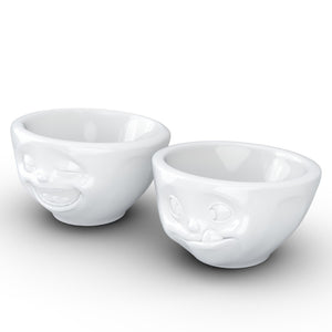 Set of two 3.3 oz. bowls in white featuring sculpted 'laughing' and 'tasty' faces. From the TASSEN product family of fun dishware by FIFTYEIGHT Products. Quality bowl perfect for serving dips, sauces, nuts, sugar, spices, espresso, jam, marmalade, honey, and more.