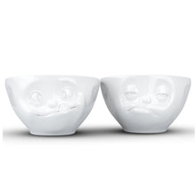 Load image into Gallery viewer, Set of two 6.5 oz. bowls in white featuring a sculpted ‘tasty’ and &#39;snoozy&#39; faces. From the TASSEN product family of fun dishware by FIFTYEIGHT Products. Quality bowl perfect for serving snacks, nuts, chips, dips, sauces, and a few scoops of ice cream.
