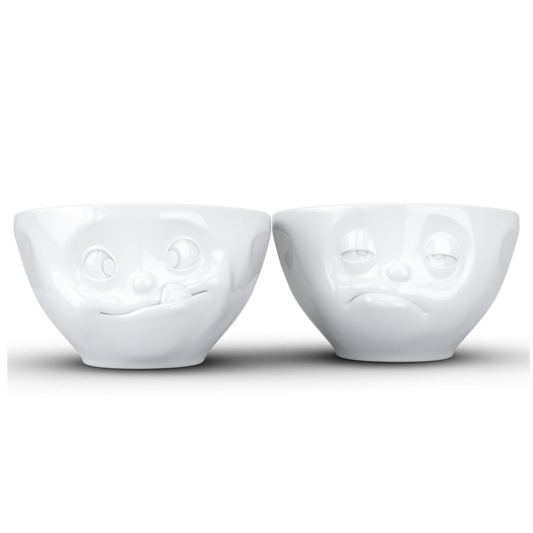 Set of two 6.5 oz. bowls in white featuring a sculpted ‘tasty’ and 'snoozy' faces. From the TASSEN product family of fun dishware by FIFTYEIGHT Products. Quality bowl perfect for serving snacks, nuts, chips, dips, sauces, and a few scoops of ice cream.