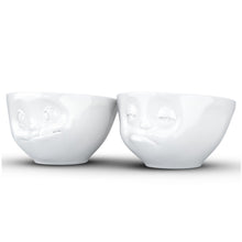 Load image into Gallery viewer, Set of two 6.5 oz. bowls in white featuring a sculpted ‘tasty’ and &#39;snoozy&#39; faces. From the TASSEN product family of fun dishware by FIFTYEIGHT Products. Quality bowl perfect for serving snacks, nuts, chips, dips, sauces, and a few scoops of ice cream.
