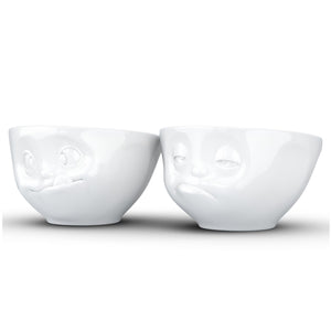 Set of two 6.5 oz. bowls in white featuring a sculpted ‘tasty’ and 'snoozy' faces. From the TASSEN product family of fun dishware by FIFTYEIGHT Products. Quality bowl perfect for serving snacks, nuts, chips, dips, sauces, and a few scoops of ice cream.